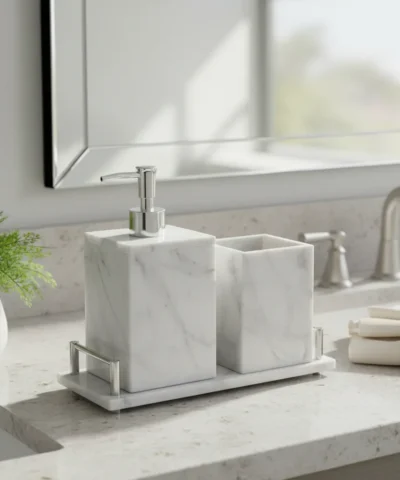 Set 3 Piezas Marmol Carrara. Dispenser, Vaso y Bandeja