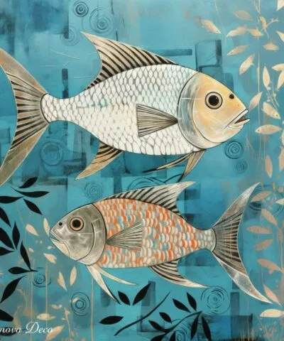 Cuadro Decorativo Baño 20 x 20 Peces Abstractos Tonos Celestes