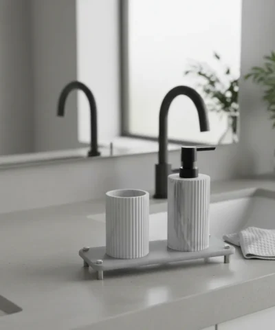 Set Baño Dispenser Vaso Resina Tiza Marmolada Y Bandeja Diatomea