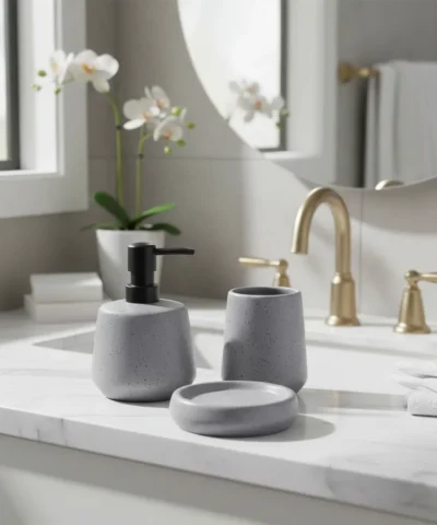 Set 3 Piezas Baño Cerámica Dispenser Vaso Jabonera Gris