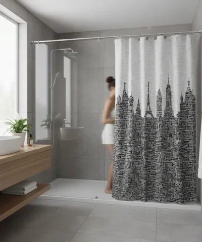 Cortina Baño Tela Lino Jacquard Diseño Ciudades Universe