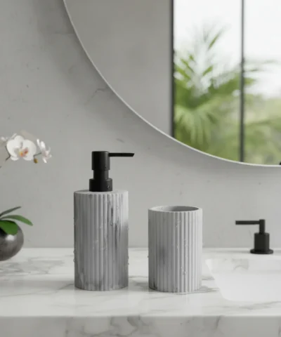 Set Baño 2 Pzas Resina Tiza Marmolado Dispenser Vaso Premium