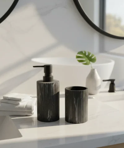 Set Baño 2 Pzas Resina Negro Marmolado Dispenser Vaso Premium