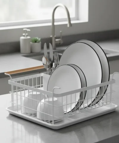 Escurre Platos Cocina Acero Pintado Blanco C/ Asas De Madera