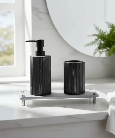 Set Baño Dispenser Vaso Resina Negro Marmolada Y Bandeja Diatomea