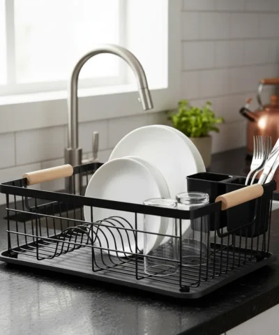 Escurre Platos Cocina Acero Pintado Negro C/ Asas De Madera