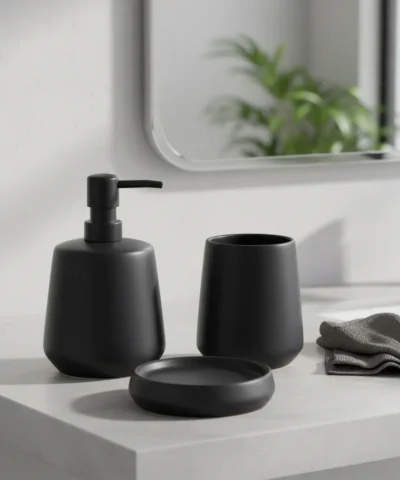 Set 3 Piezas Baño Cerámica Dispenser Vaso Jabonera Negro Mate