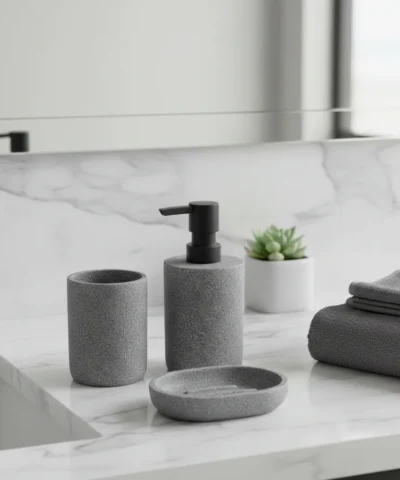 Set Mesada Dispenser Vaso Jabonera Simil Piedra Glam Gris