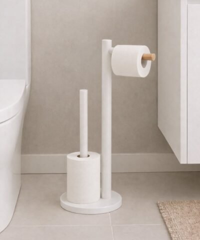 Porta Rollo Papel Higienico De Pie Blanco Mate y bamboo
