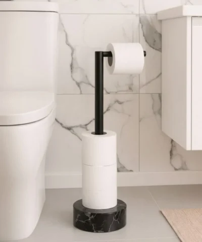 Porta Rollo Papel Higiénico De Pie Negro Mate Base Simil Mármol Marquina